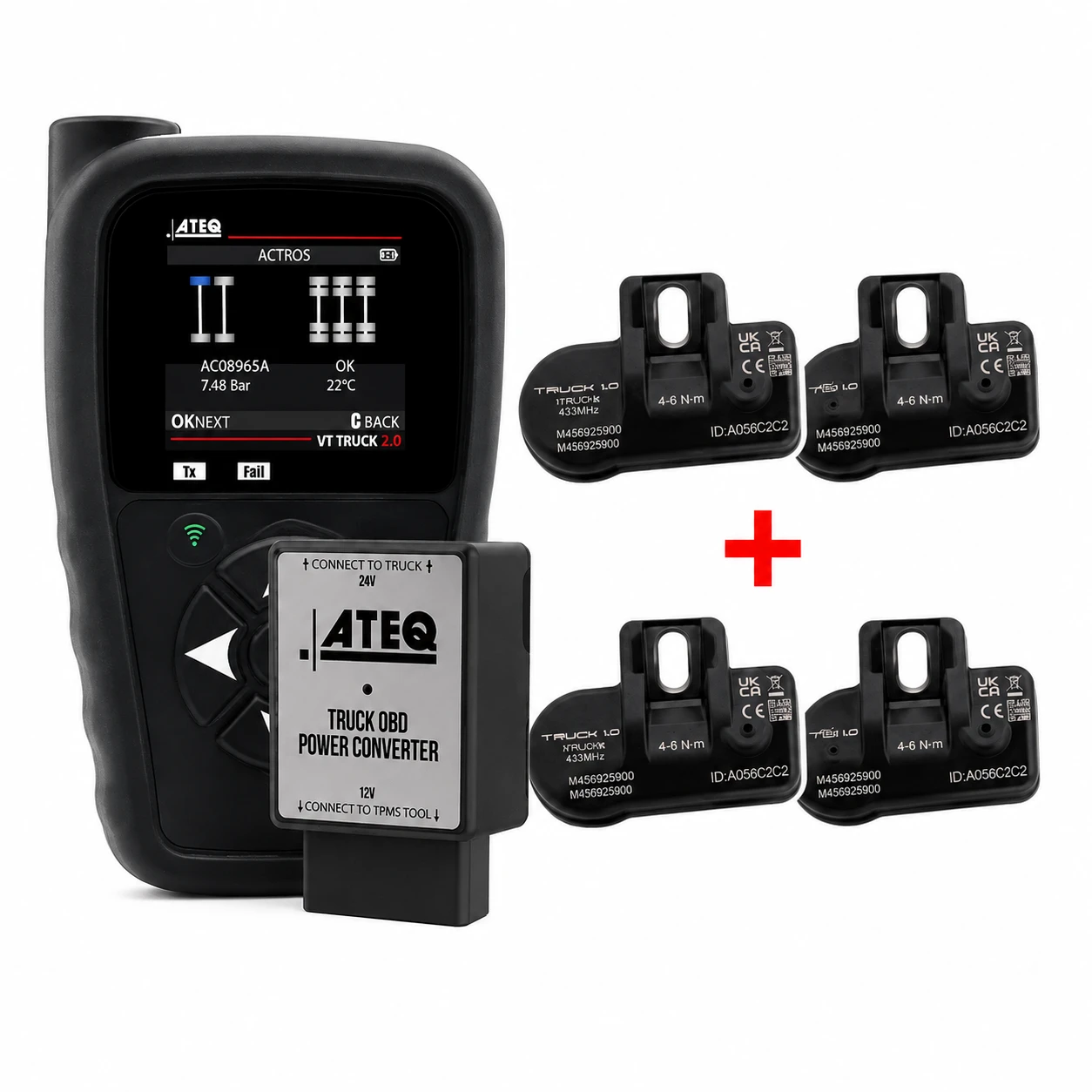 Programator TPMS, w zestawie:: 4 czujniki tpms, model: VT TRUCK 2.0, adaptacja OBD: tak, ATEQ
